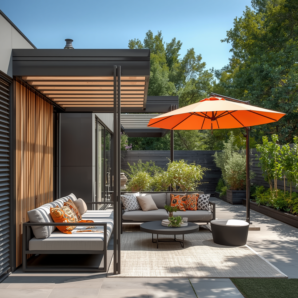 Pérgola y sombrilla en un jardín con muebles de exterior