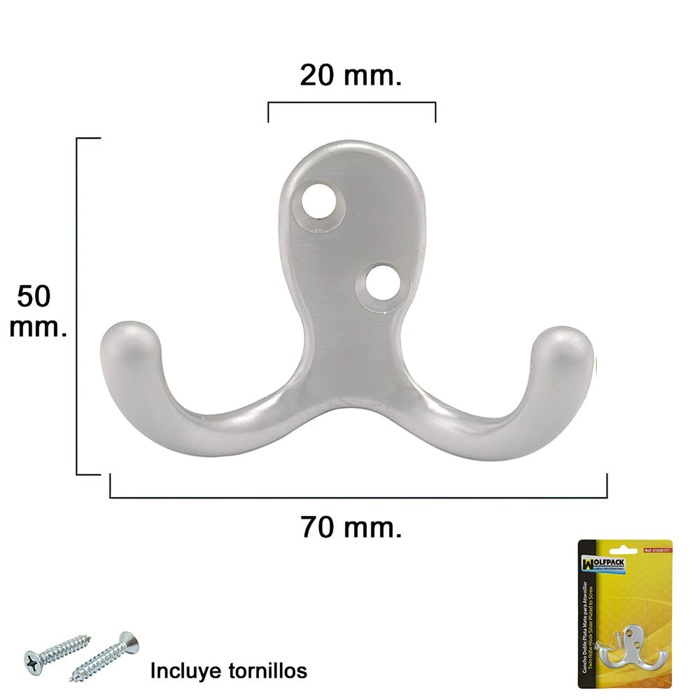 Gancho doble plata mate para atornillar con tornillos incluidos.