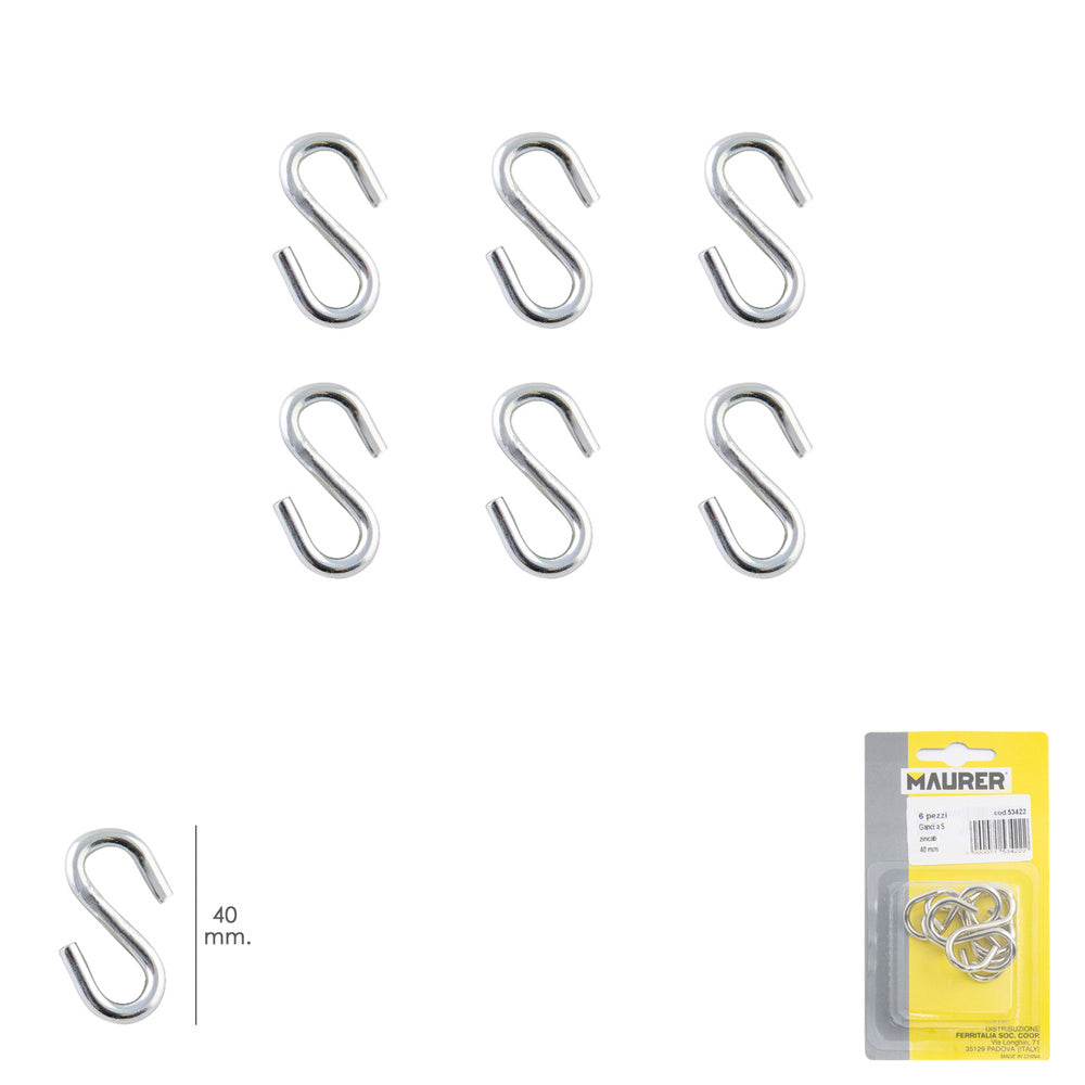 "S" hook 40 mm zinc-plated (blister pack of 6 pieces) for household use