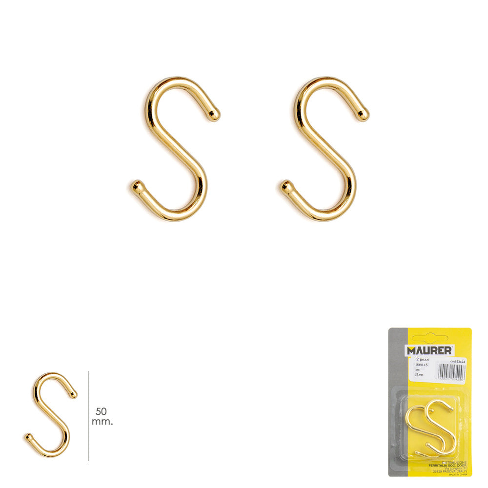"S" hook 50 mm gold (blister 2 pieces) household use
