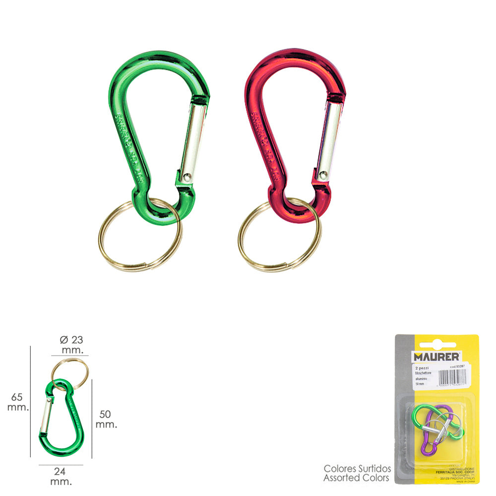 Aluminum firefighter carabiner for keys 50mm blister 2 pieces