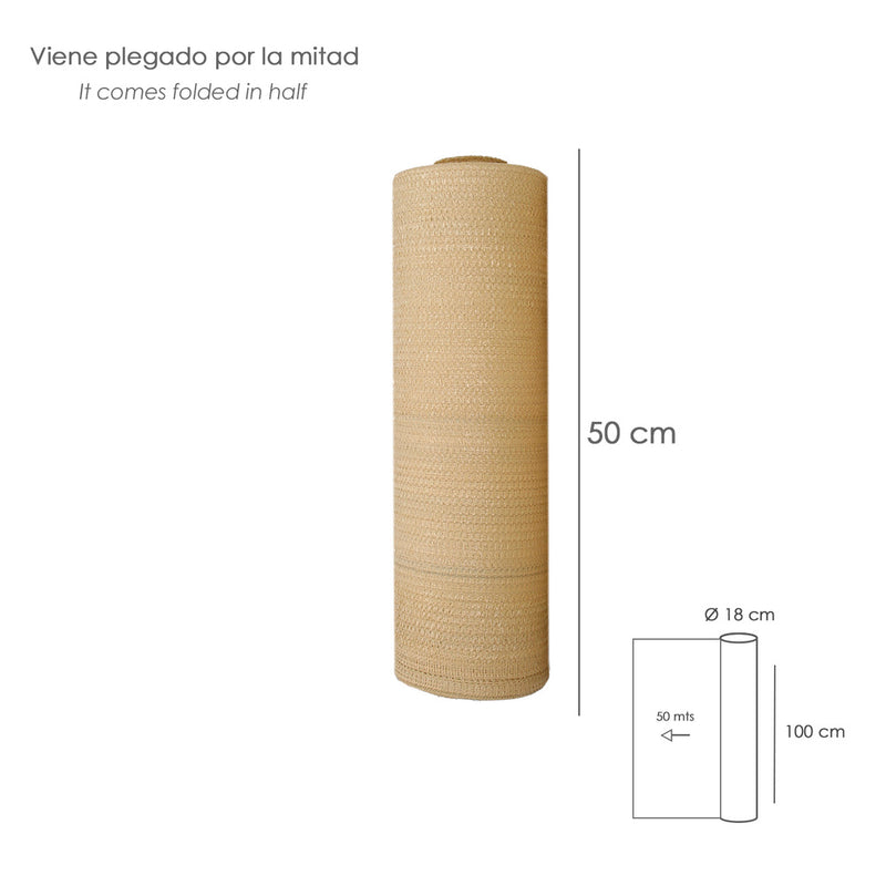 Malla sombreo rollo 1.0 x 50 metros, reduce radiación, protección jardín y terraza, regula temperatura, color beige