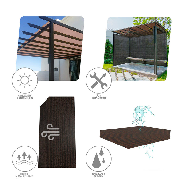 Malla sombreo rollo 4 x 50 metros, reduce radiación, protección jardín y terraza, regula temperatura, color marrón