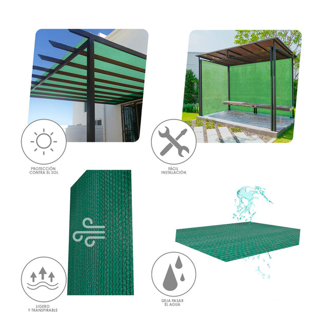 Malla sombreo rollo 1,5 x 10 metros, reduce radiación, protección jardín y terraza, regula temperatura, color verde claro