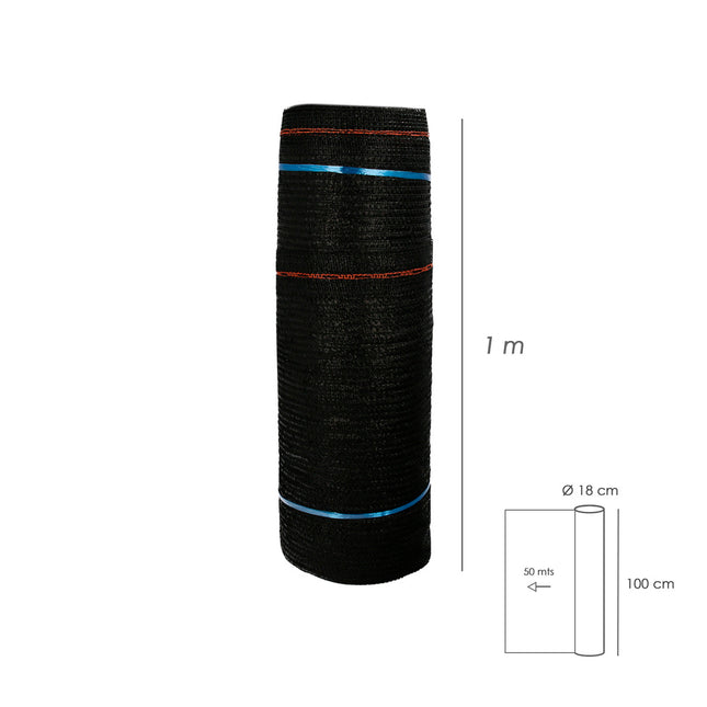 Malla sombreo negro 1,0 metro rollo 50 metros, reduce radiación, protección jardín y terraza, regula temperatura, color negro