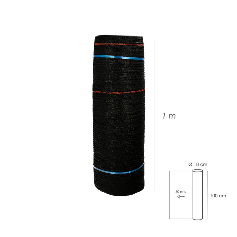 Malla sombreo negro 1,0 metro rollo 50 metros, reduce radiación, protección jardín y terraza, regula temperatura, color negro