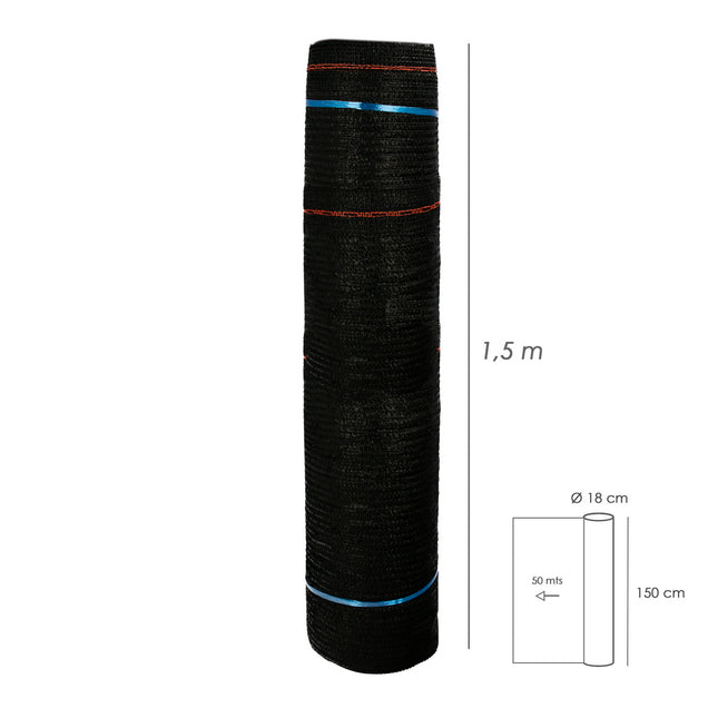 Malla sombreo negro 1,5 metros rollo 50 metros, reduce radiación, protección jardín y terraza, regula temperatura, color negro