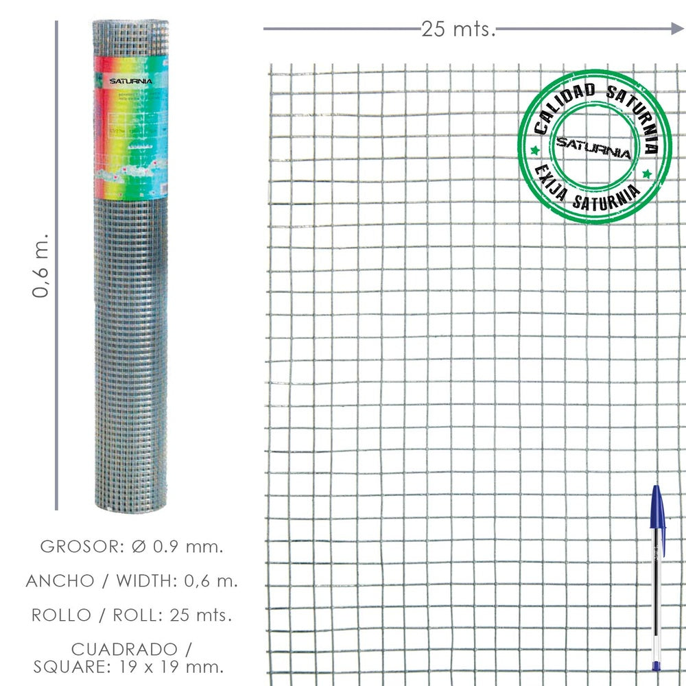 Light galvanized welded mesh 19x19 height 60 cm roll 25 meters domestic use