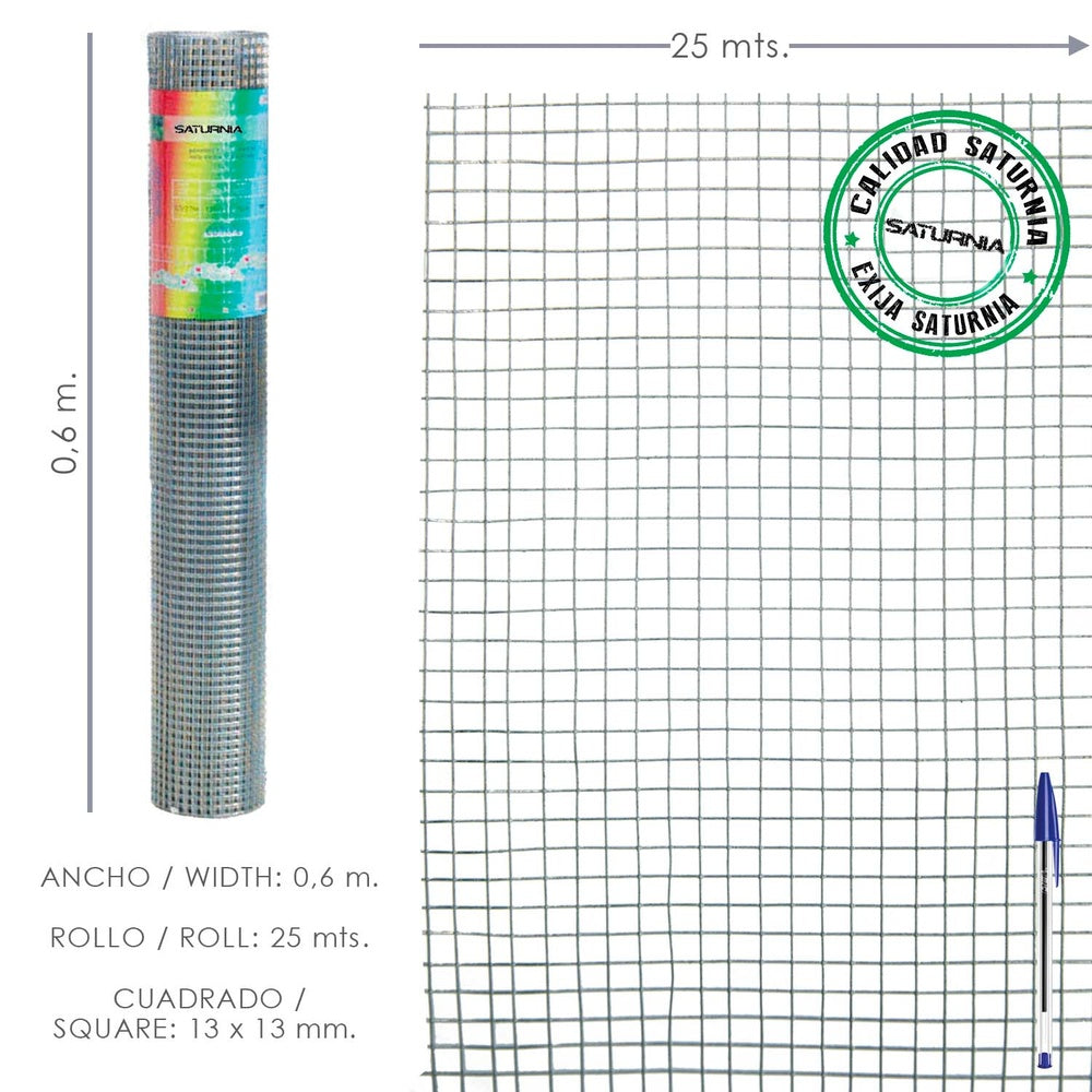 Galvanized welded mesh 13x13 / 60 cm high 25 meter roll. Domestic use