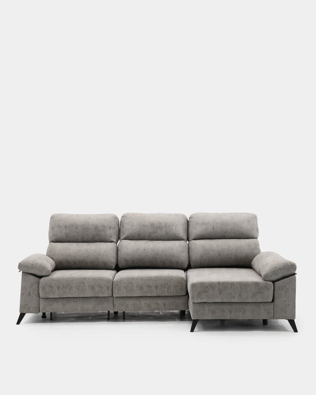 Sofá chaise longue cinzento de 3 lugares, 280 cm, com mecanismo extensível.