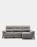 Sofá chaise longue cinzento de 3 lugares, 280 cm, com mecanismo extensível.