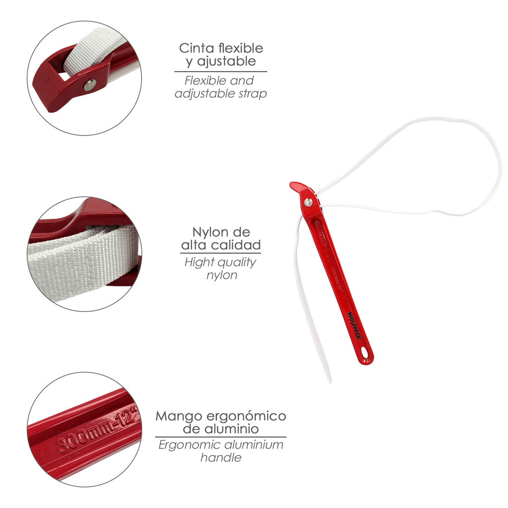 Llave cinta nailon aluminio 30 cm  cinta de 98 cm llave de filtro aceite, llave para tubos, llave aflojatodo, llave de correa.