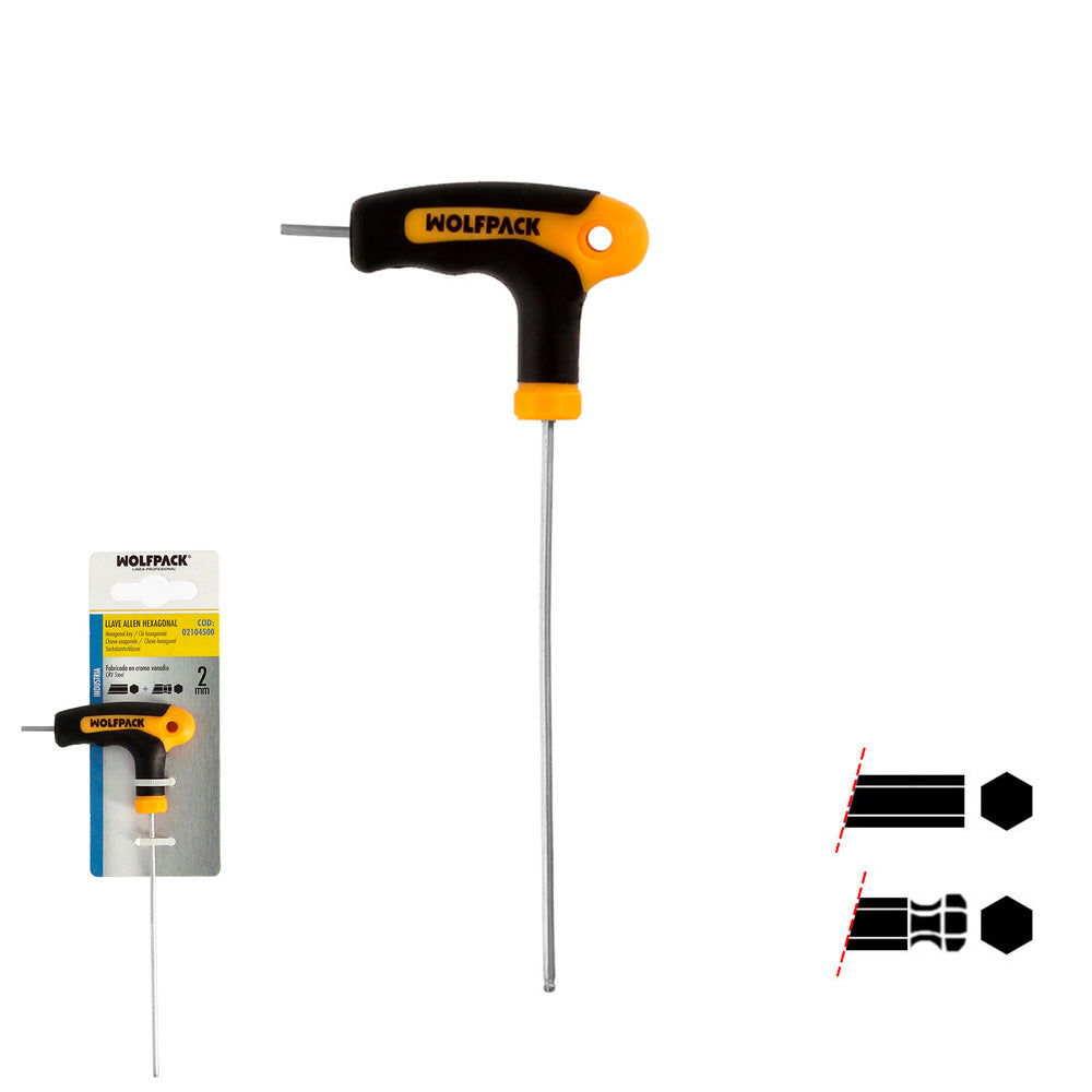 Llave allen con bola mango bimaterial "soft touch" forma t 2,0 mm acero cromo vanadio, destornillador allen, llave hexagonal