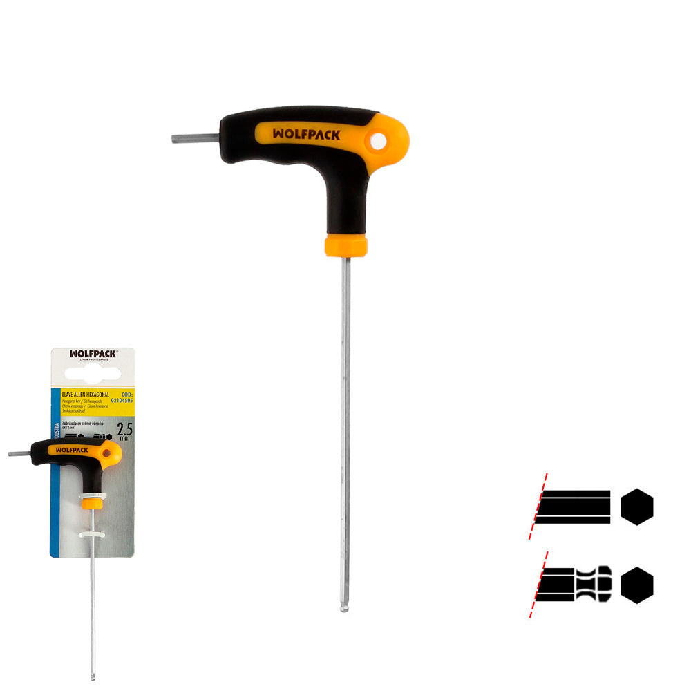 Llave allen con bola mango bimaterial "soft touch" forma t 2,5 mm acero cromo vanadio, destornillador allen, llave hexagonal