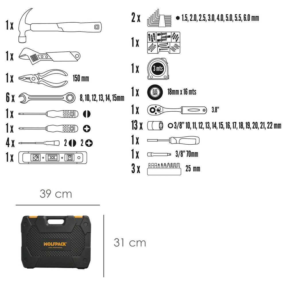 Conjunto de ferramentas com 140 peças e estojo para transporte.