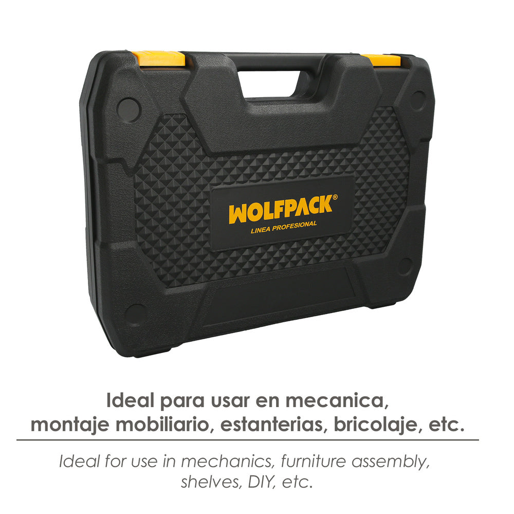 Conjunto de ferramentas com 140 peças e estojo para transporte.