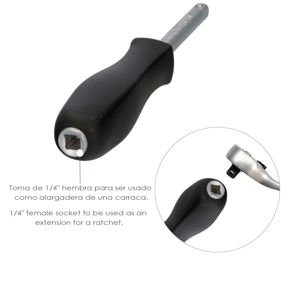Empuñadura destornillador para vasos 1/4". Prolongador carraca, alargador carraca, destornillador vasos
