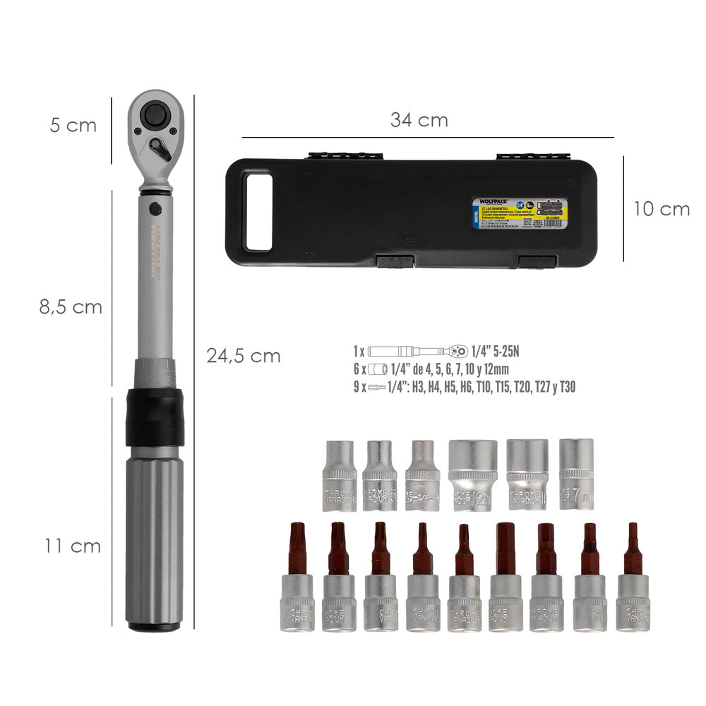 Chave dinamométrica de 1/4" com 9 pontas sextavadas e 5 chaves de caixa. Chave de torque para camiões, carros, motos, micro ajustes, aço crv