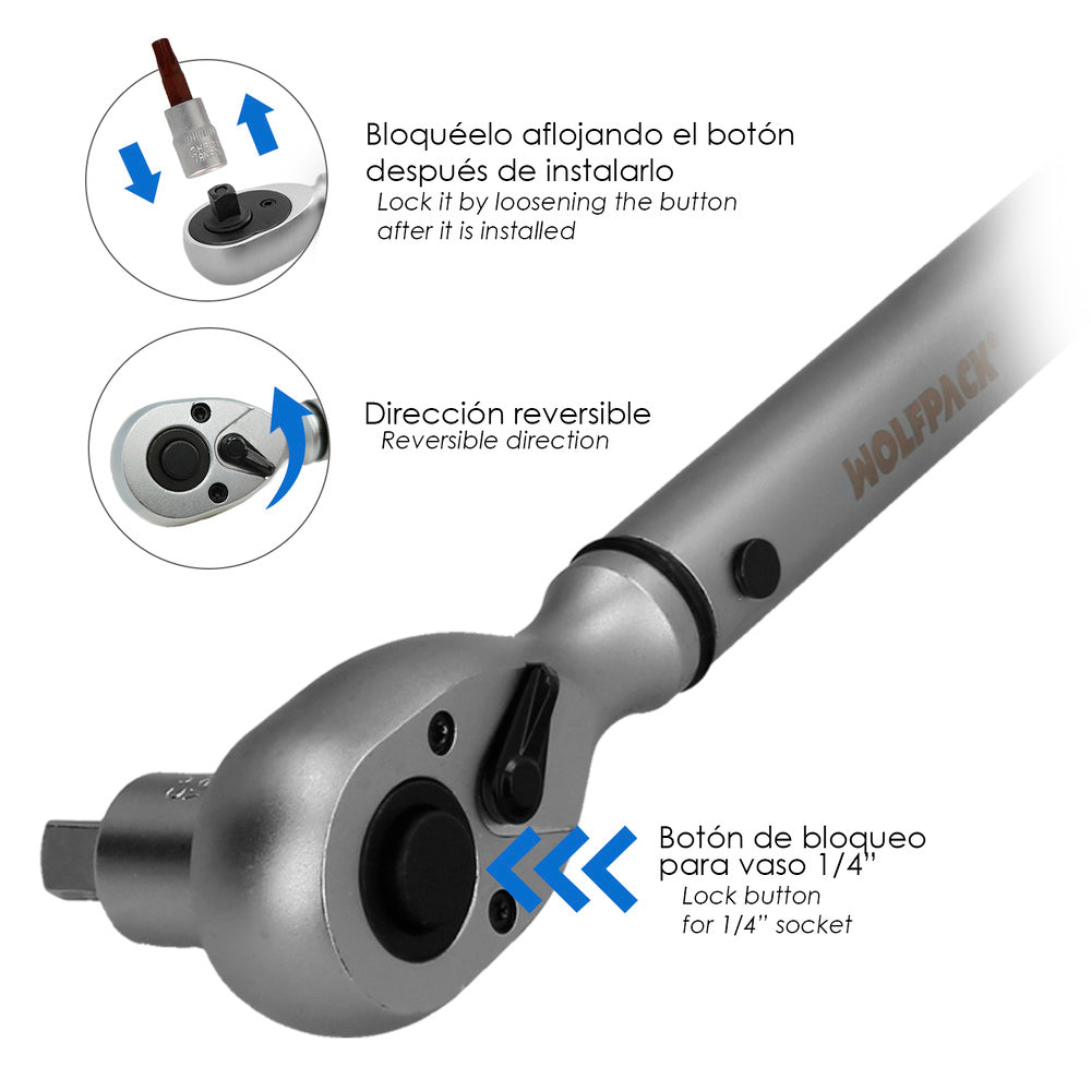 Chave dinamométrica de 1/4" com 9 pontas sextavadas e 5 chaves de caixa. Chave de torque para camiões, carros, motos, micro ajustes, aço crv