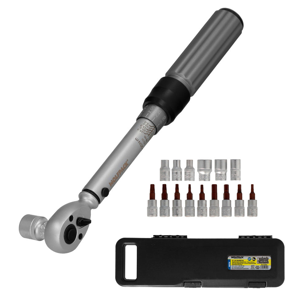 Chave dinamométrica de 1/4" com 9 pontas sextavadas e 5 chaves de caixa. Chave de torque para camiões, carros, motos, micro ajustes, aço crv