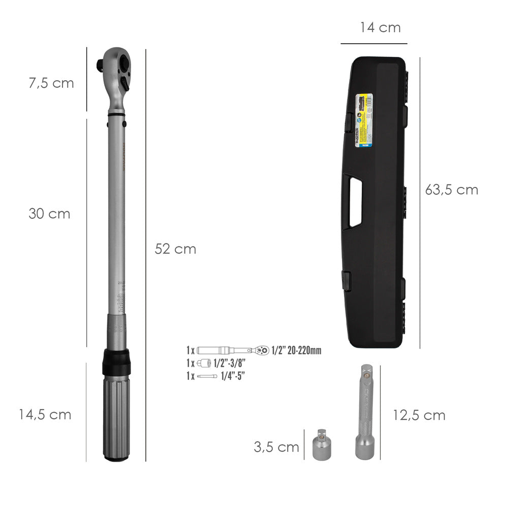 Chave dinamométrica 1/2" com extensor e redutor de 3/8" chave de torque camiões, carros, motas, micro-ajustes, aço CRV