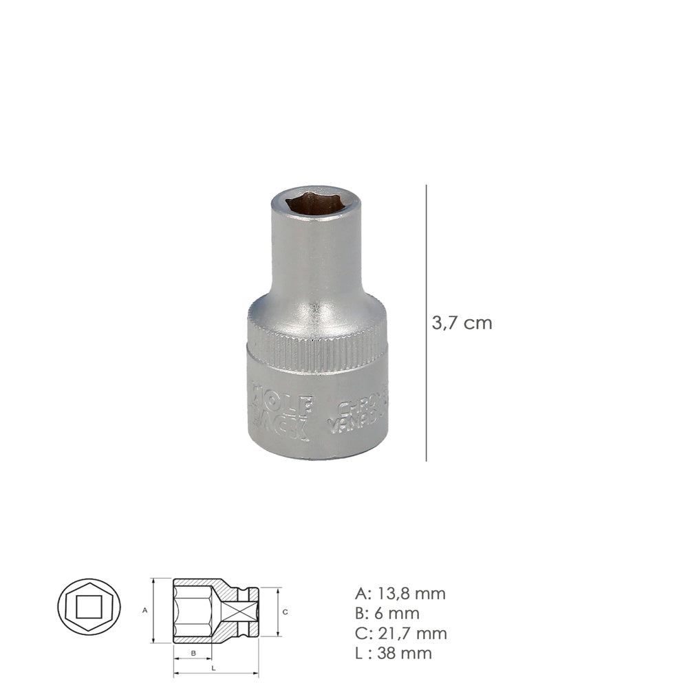 Chave de caixa 1/2" sextavada 8 mm perfil de 6 faces. Aço cromo vanádio, cantos arredondados