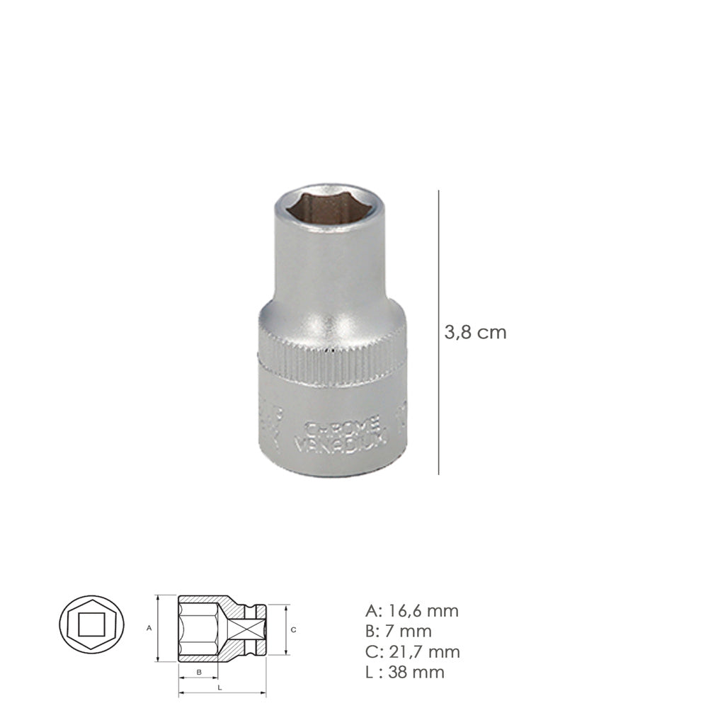 Llave vaso 1/2" hexagonal 11 mm perfil de 6 caras. Acero cromo vanadio, aristas redondas
