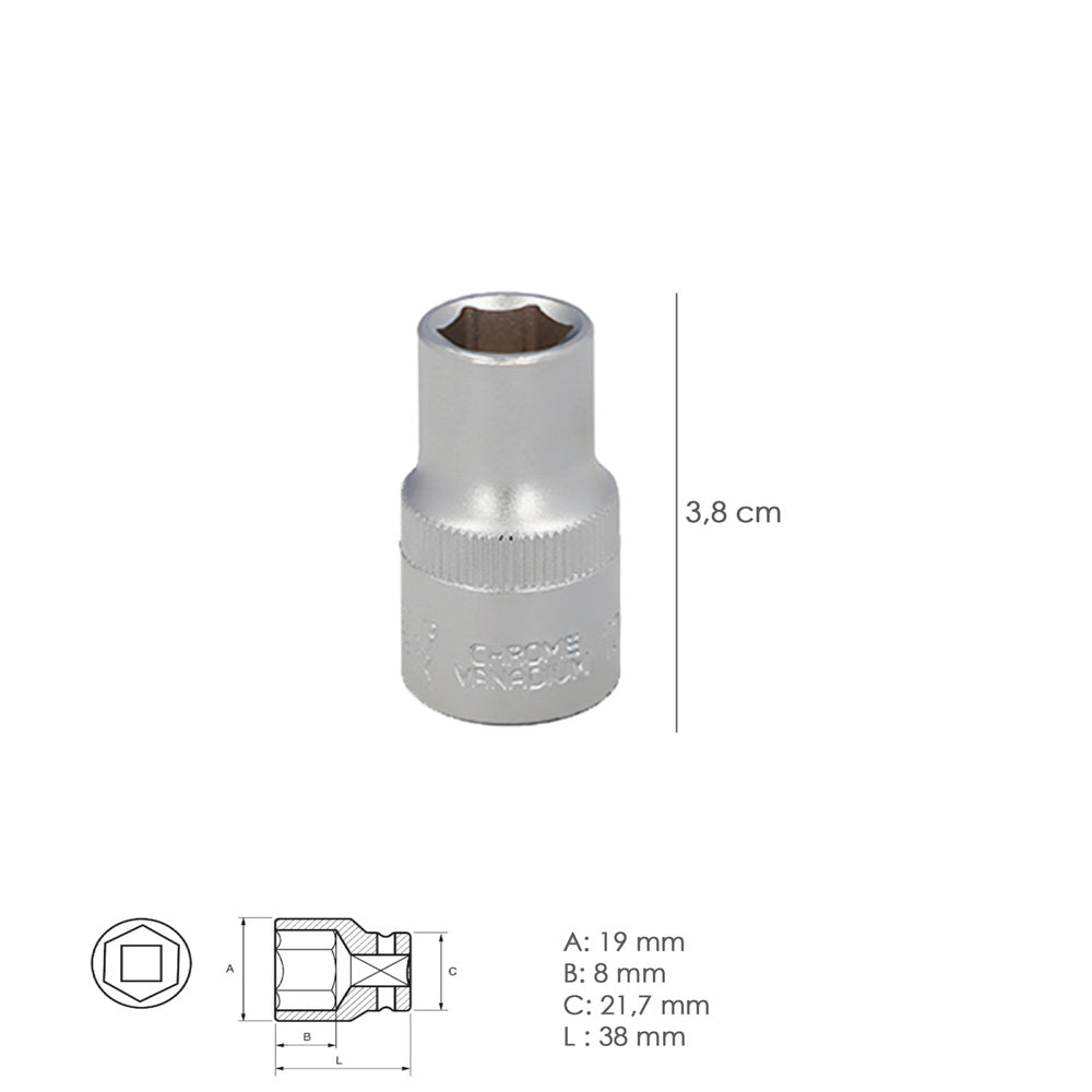 Chave de caixa 1/2" sextavada 13 mm perfil 6 faces. Aço cromo-vanádio, cantos arredondados