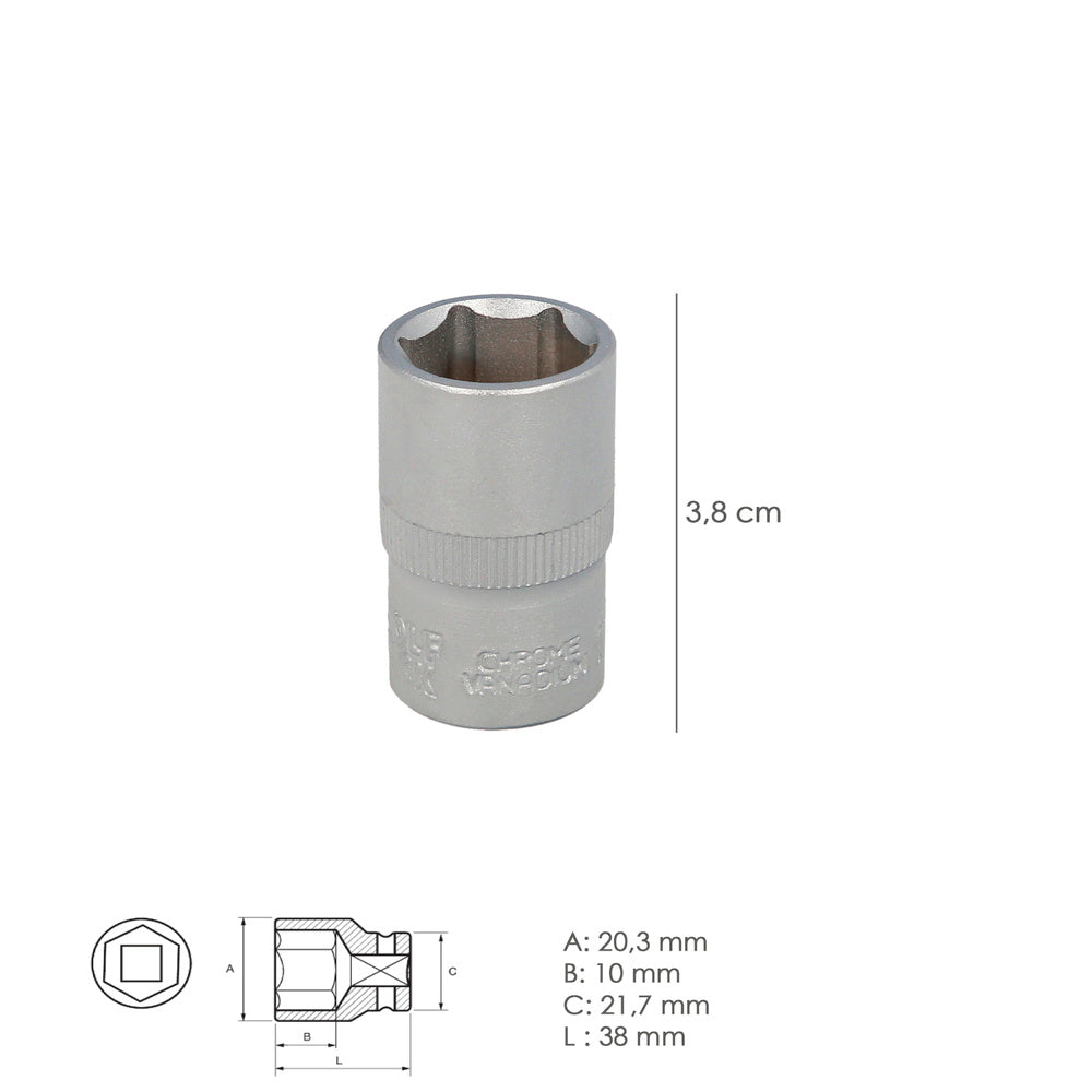 1/2" hexagonal socket 14 mm, 6-point profile. Chrome vanadium steel, rounded edges