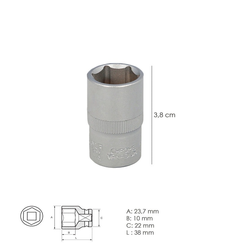 Llave vaso 1/2" hexagonal 17 mm. perfil de 6 caras. acero cromo vanadio, aristas redondas