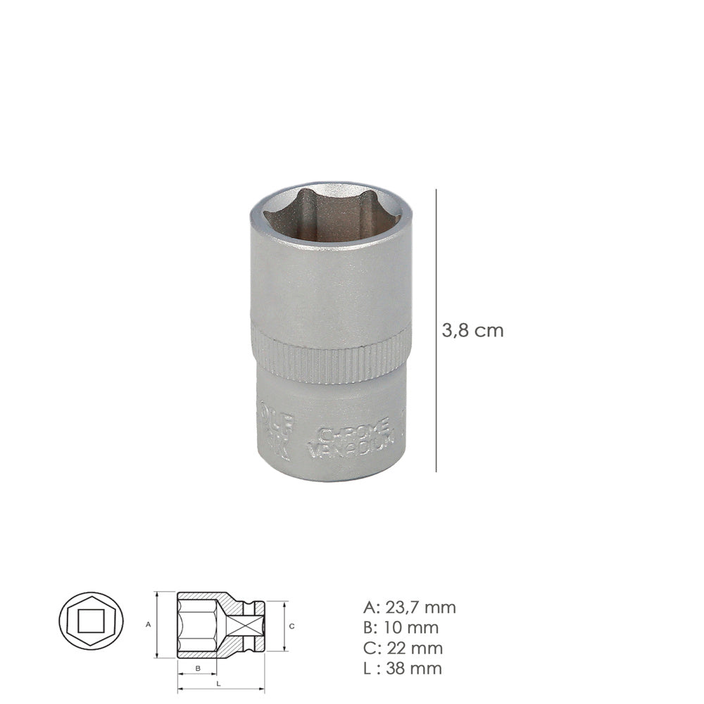 Chave de caixa 1/2" sextavada 17 mm perfil de 6 faces. Aço cromo-vanádio, cantos redondos