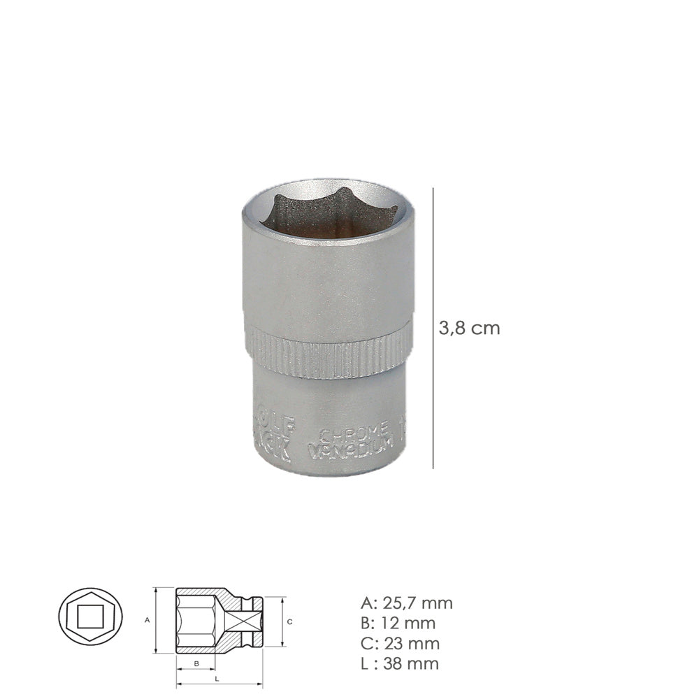 Chave de caixa 1/2" sextavada 18 mm perfil de 6 faces. Aço cromo-vanádio, arestas arredondadas