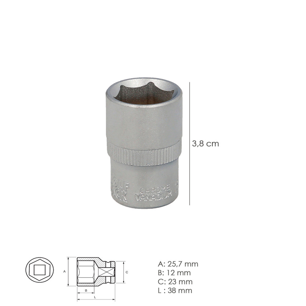 Chave de caixa 1/2" sextavada 19 mm perfil de 6 faces. Aço cromo vanádio, cantos arredondados