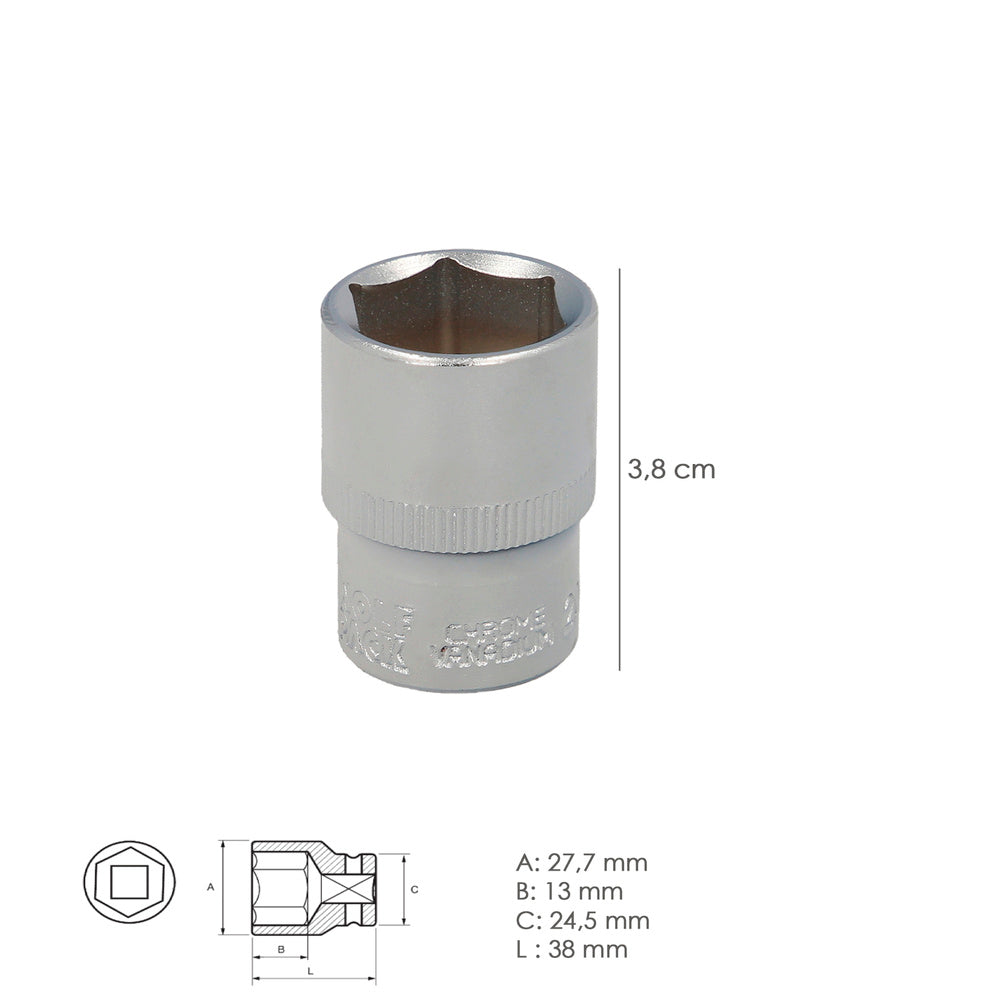 Chave de caixa 1/2" sextavada 21 mm perfil de 6 faces. Aço cromo-vanádio, arestas arredondadas