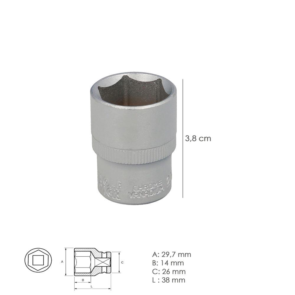 Chave de caixa 1/2" sextavada 22 mm perfil de 6 faces. Aço cromo-vanádio, arestas arredondadas