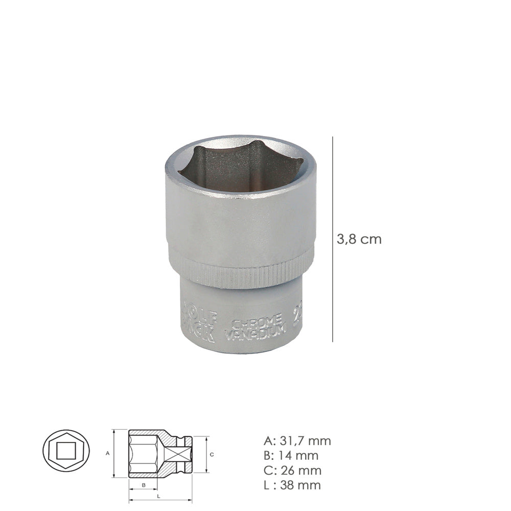 Socket wrench 1/2" hexagonal 23 mm 6-point profile. Chrome vanadium steel, round edges