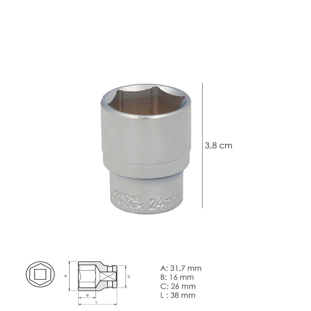 Chave de caixa 1/2" sextavada 24 mm perfil de 6 faces. Aço cromo-vanádio, arestas redondas