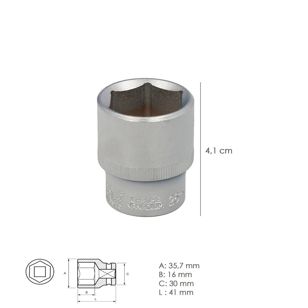 Socket wrench 1/2" hexagonal 26 mm, 6-point profile. Chrome vanadium steel, rounded edges