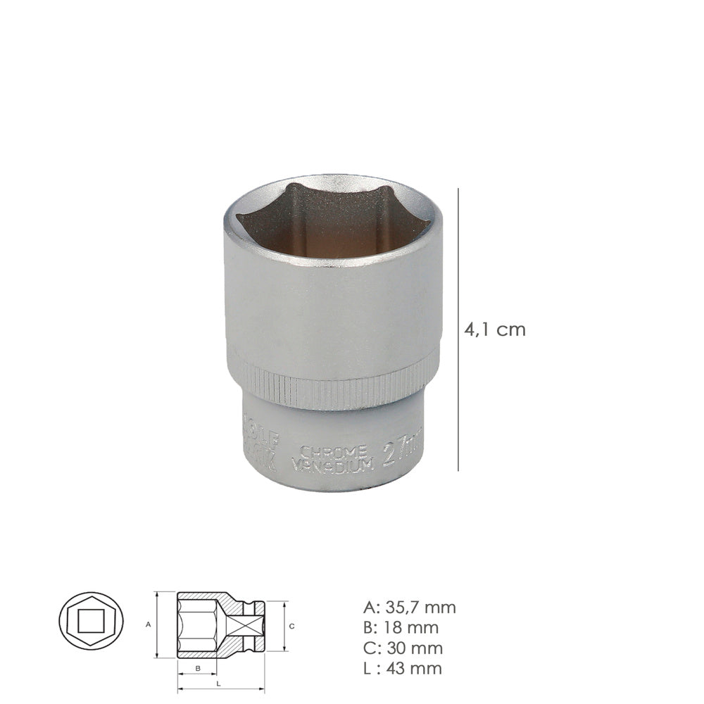 1/2" hexagonal socket 27 mm 6-point profile. Chrome vanadium steel, rounded edges