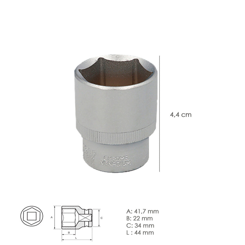 Llave vaso 1/2" hexagonal 32 mm. perfil de 6 caras. acero cromo vanadio, aristas redondas