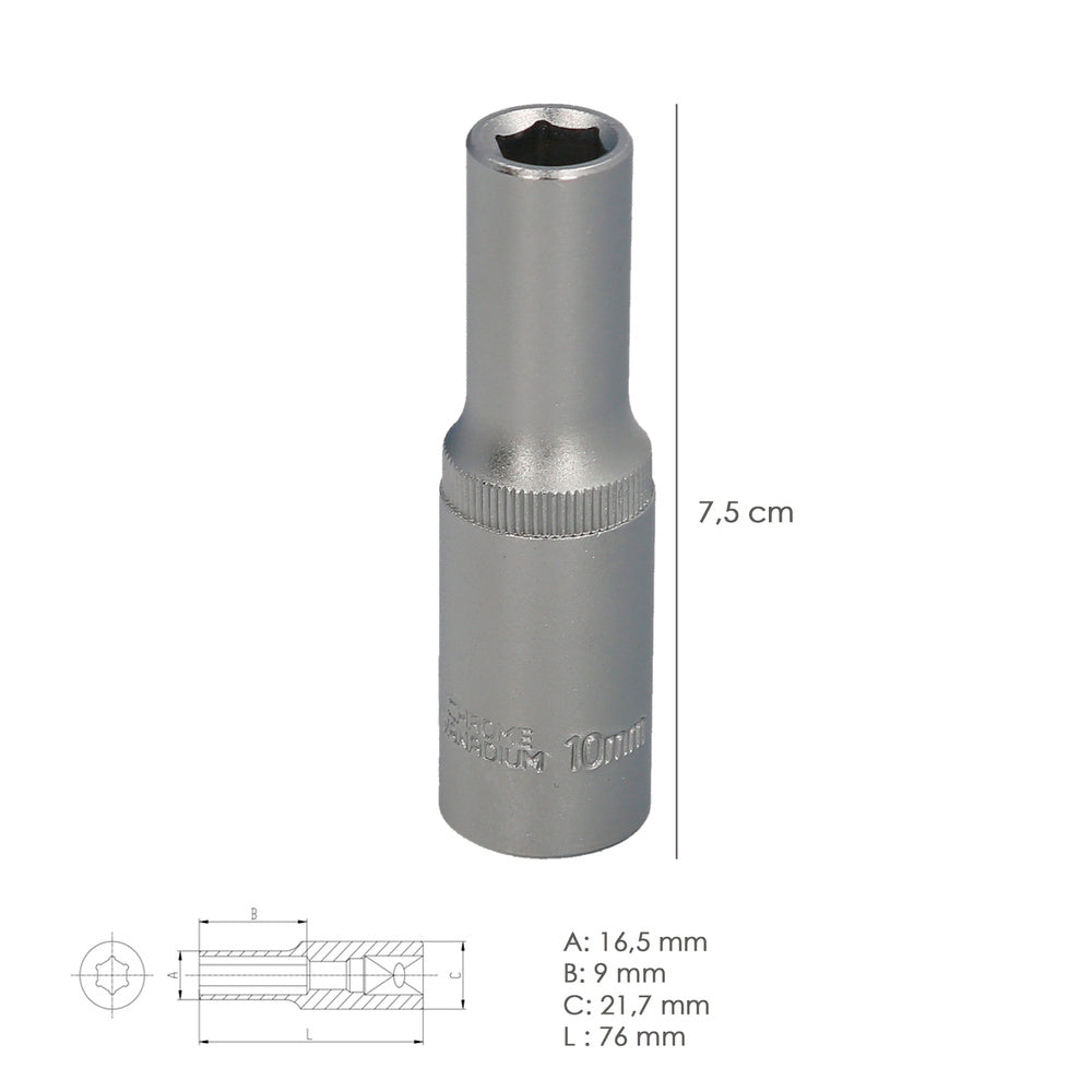Chave de caixa 1/2" sextavada longa 10 mm, perfil de 6 faces. Aço cromo-vanádio, cantos redondos