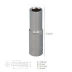 Chave de caixa 1/2" sextavada longa 13 mm perfil de 6 faces. Aço cromo-vanádio, arestas arredondadas