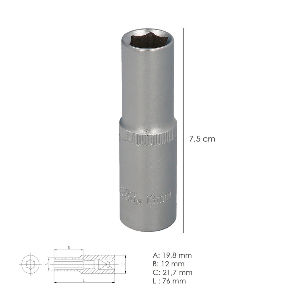 Chave de caixa 1/2" sextavada longa 13 mm perfil de 6 faces. Aço cromo-vanádio, arestas arredondadas