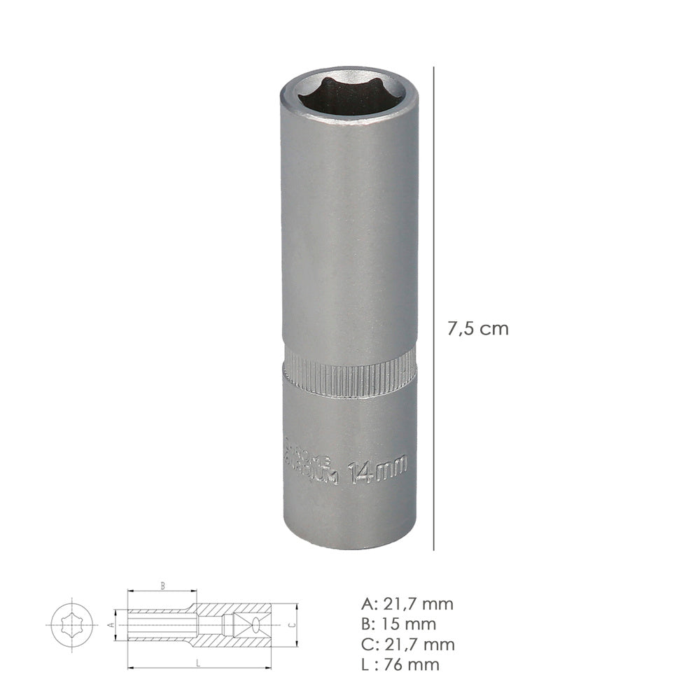 1/2" long hex socket 14 mm 6-point profile. Chrome vanadium steel, rounded edges