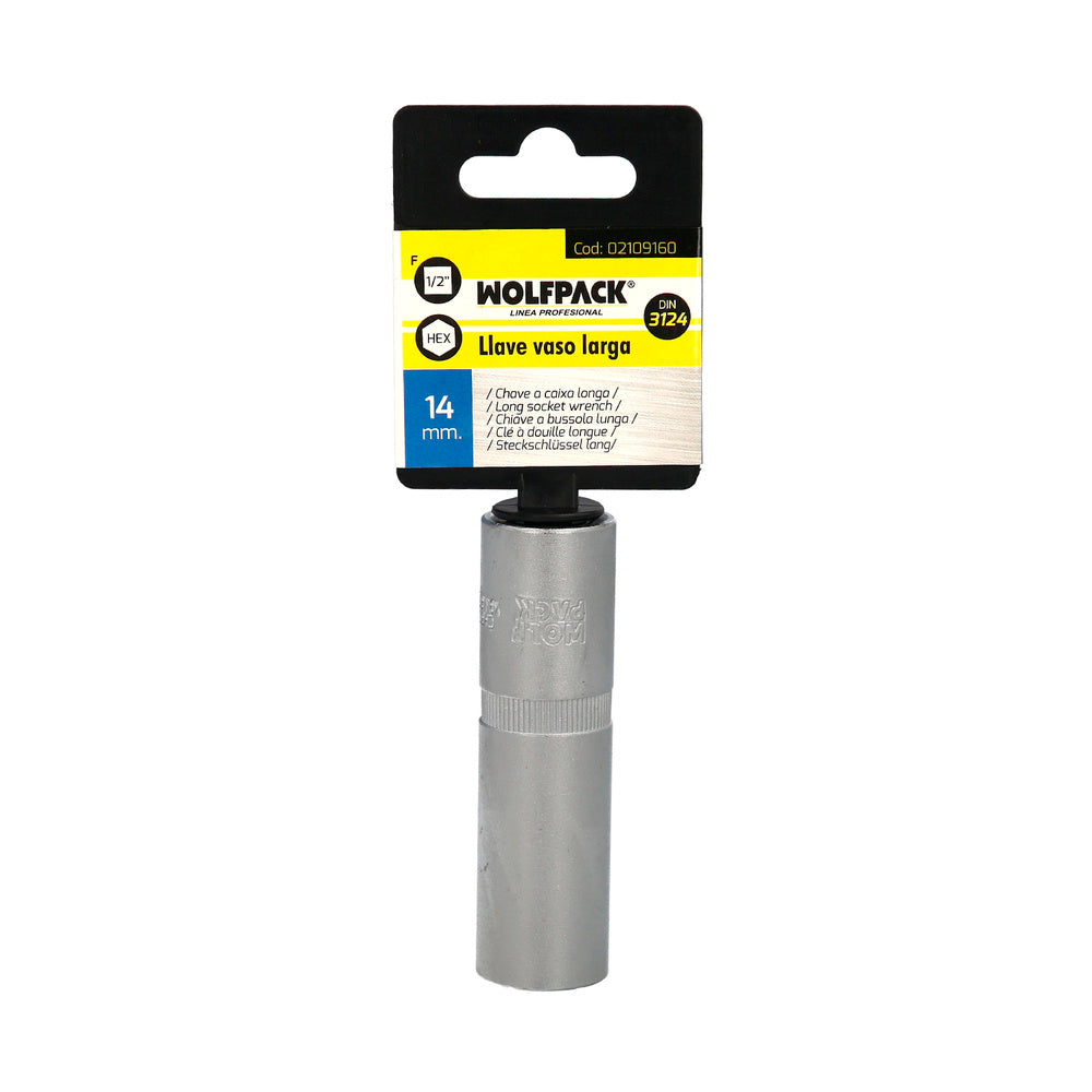 1/2" long hex socket 14 mm 6-point profile. Chrome vanadium steel, rounded edges