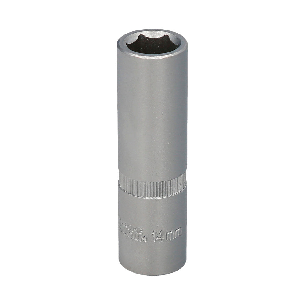 1/2" long hex socket 14 mm 6-point profile. Chrome vanadium steel, rounded edges