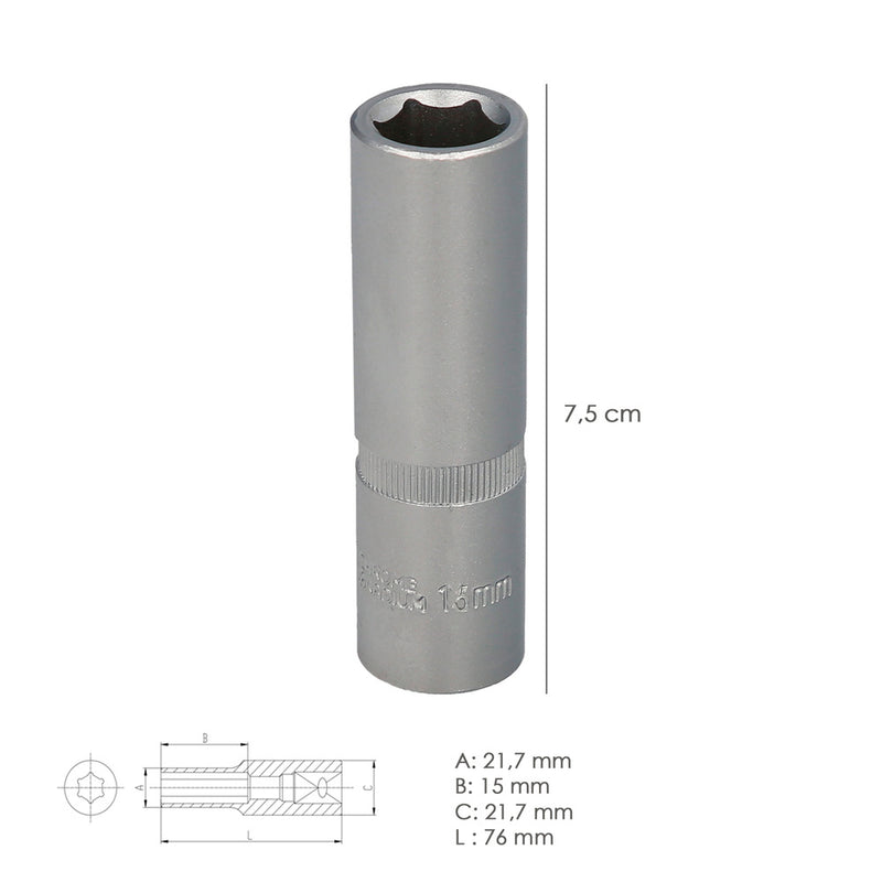 Llave vaso 1/2" hexagonal larga 15 mm. perfil de 6 caras. acero cromo vanadio, aristas redondas