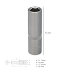 Chave de caixa 1/2" sextavada longa 15 mm perfil de 6 faces. Aço cromo vanádio, cantos arredondados