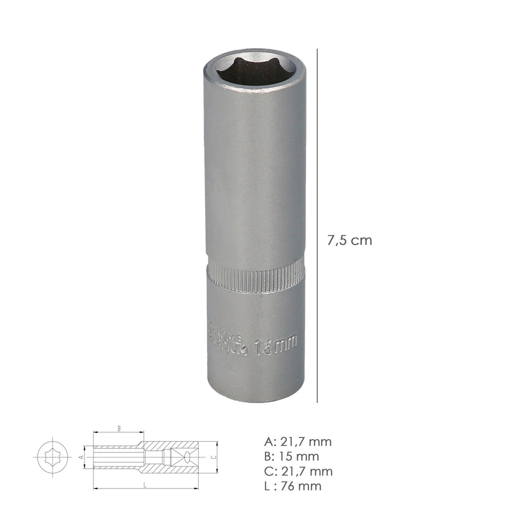 Socket wrench 1/2" hex long 15 mm 6-point profile. Chrome vanadium steel, round edges
