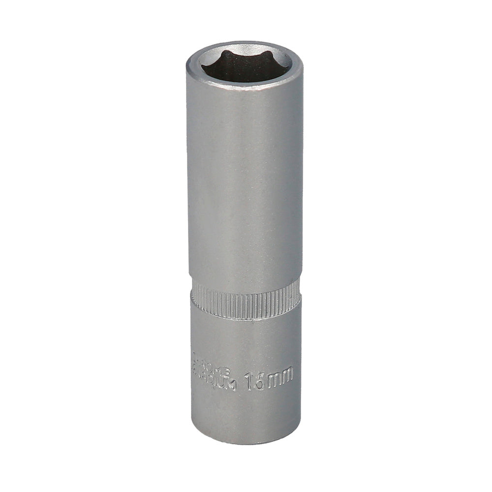 Socket wrench 1/2" hex long 15 mm 6-point profile. Chrome vanadium steel, round edges